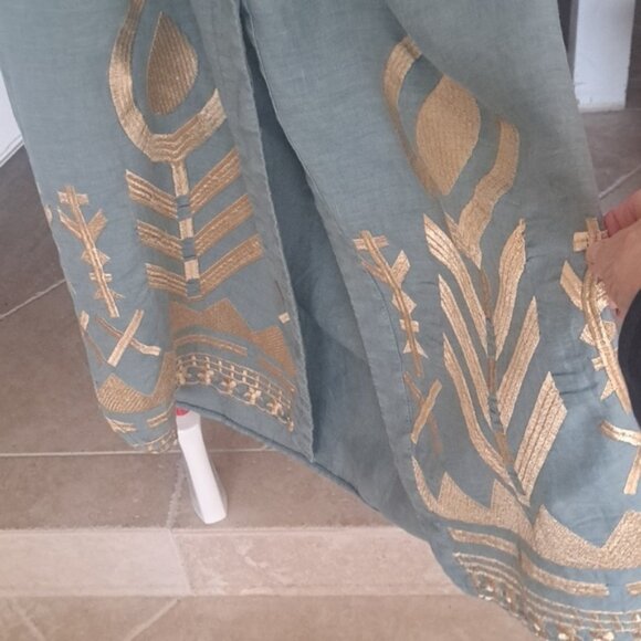 Greek Arcaic Kori Seafoam Color Linen Dress Gold Embroidery szXS missing  sash - Picture 7 of 12